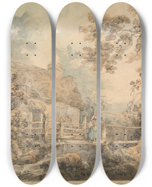Triptych art skateboard deck of William Henry Pyne Cottage And Foot Bridge by William Henry Pyne (1769-1843)