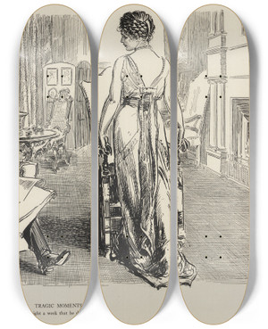 Triptych art skateboard deck of Charles Dana Gibson Tragic Moments The One Night A Week That He Dines At Home by Charles Dana Gibson (1867-1944)
