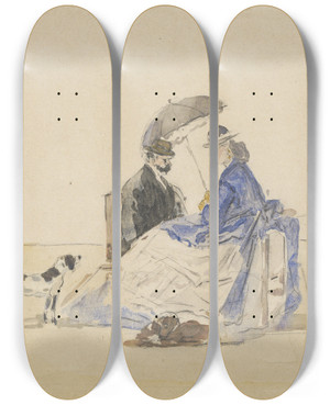 Triptych art skateboard deck of Eugne Boudin A Couple Seated On The Beach With Two Dogs by Eugene Boudin (1824-1898)