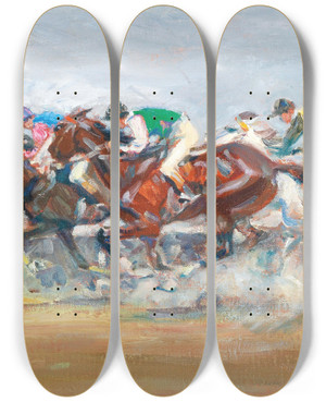 Triptych art skateboard deck of Angelo Jank Horse Race by Angelo Jank (1868-1940)