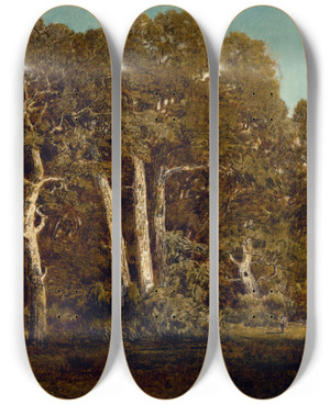 Triptych art skateboard deck of Thodore Rousseau The Great Oaks Of Old Basbrau by Theodore Rousseau (1812-1867)