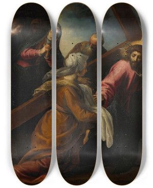 Triptych art skateboard deck of Jacopo Palma Il Vecchio Christ On The Road To Calvary by Jacopo Palma Il Vecchio (1480-1528)