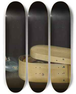 Triptych art skateboard deck of Sebastian Stoskopff Still Life With Shells And A Chipwood Box by Sebastian Stoskopff (1597-1657)