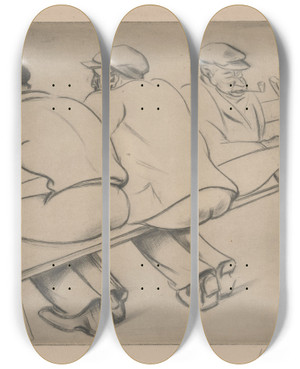 Triptych art skateboard deck of Mommie Schwarz Drie Mannen Op Een Bank by Mommie Schwarz (1876-1942)