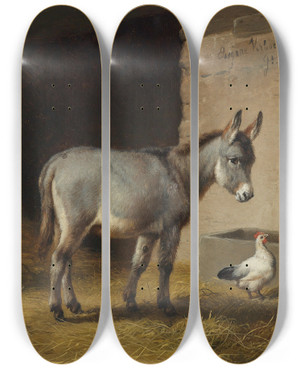 Triptych art skateboard deck of Eugne Joseph Verboeckhoven Esel Und Hhner Im Stall_2 by Eugene Joseph Verboeckhoven (1798-1881)