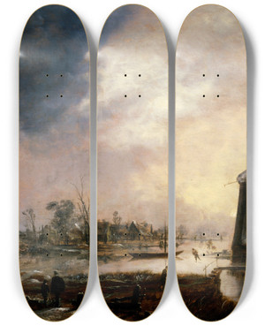 Triptych art skateboard deck of Aert Van Der Neer A Winter Landscape With A Windmill by Aert van der Neer (1603-1677)