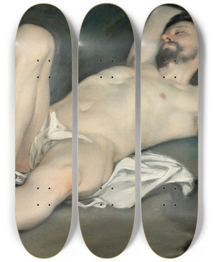 Triptych art skateboard deck of Guido Cagnacci Reclining Male Nude by Guido Cagnacci (1601-1682)