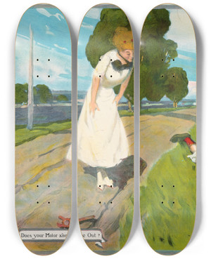 Triptych art skateboard deck of Howard Crosby Renwick Does Your Motor Know Youre Out by Howard Crosby Renwick (1885-1955)
