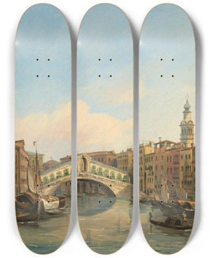 Triptych art skateboard deck of Carlo Grubas The Rialto Bridge by Carlo Grubas (1810-1870)