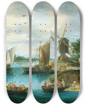 Triptych art skateboard deck of Jan Van Kessel The Elder Landscape With A Mill by Jan Van Kessel The Elder (1626-1679)
