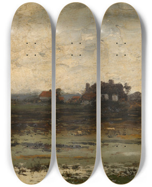 Triptych art skateboard deck of Jean Pierre Franois Lamorinire Farms At Sunset by Jean Pierre Francois Lamoriniere (1828-1911)