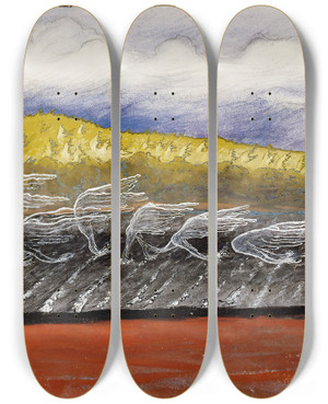 Triptych art skateboard deck of Hugo Simberg The Wind Blows by Hugo Simberg (1873-1917)
