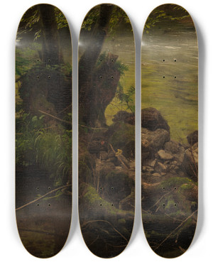 Triptych art skateboard deck of Johann Wilhelm Schirmer Wurzeln Und Steine Am Bach by Johann Wilhelm Schirmer (1807-1863)
