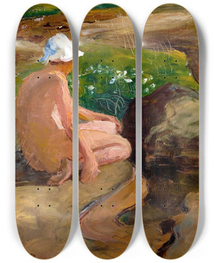 Triptych art skateboard deck of Venny Soldanbrofeldt At The Beach by Venny Soldan-Brofeldt (1863-1945)