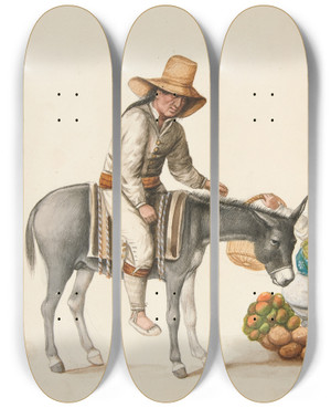 Triptych art skateboard deck of Francisco Fierro Indian Woman Selling Vegetables by Francisco Fierro (1807-1879)