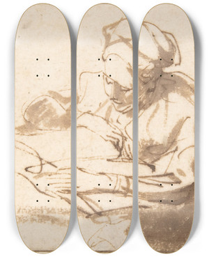 Triptych art skateboard deck of Rembrandt Van Rijn Woman Reading_2 by Rembrandt Van Rijn (1606-1669)