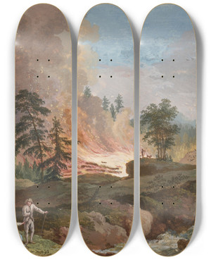 Triptych art skateboard deck of Jakob Philipp Hackert A Landscape In Sweden With Peasants Burning Woodland And A Couple Resting Near A Stream by Jakob Philipp Hackert (1737-1807)