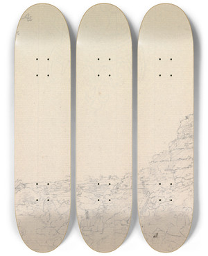 Triptych art skateboard deck of James Moore Landscape With Castle Ruins On Top Of A Rocky Hill by James Moore (1762-1799)