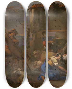 Triptych art skateboard deck of Nicolaes Pietersz Berchem Pastoral Scene With A Shepherdess Milking A Goat by Nicolaes Pietersz Berchem (1620-1683)