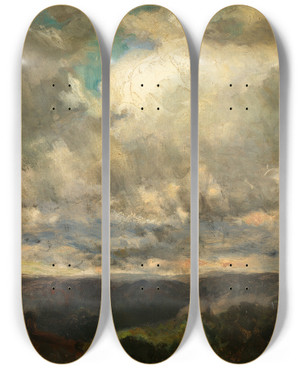 Triptych art skateboard deck of Edward Mitchell Bannister Untitled Landscape Cloudy Sky by Edward Mitchell Bannister (1828-1901)