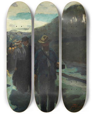 Triptych art skateboard deck of Hermann Pleuer Stuttgarter Westbahnhof In Der Abenddmmerung by Hermann Pleuer (1863-1911)