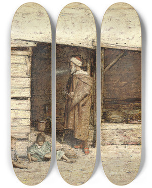 Triptych art skateboard deck of Mortimer Menpes A Stall At Tangiers by Mortimer Menpes (1860-1938)