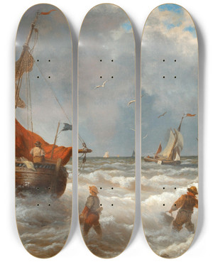 Triptych art skateboard deck of Andreas Achenbach Fishermen On The Shore by Andreas Achenbach (1815-1910)