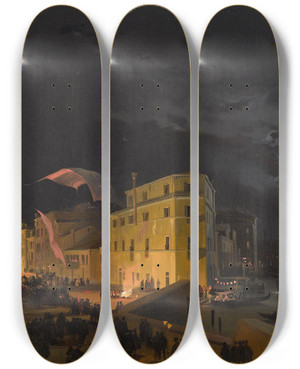 Triptych art skateboard deck of Ippolito Caffi Festival In Venice by Ippolito Caffi (1809-1866)