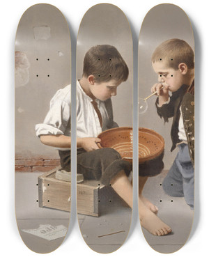 Triptych art skateboard deck of Giulio Del Torre Seifenblasende Kinder by Giulio del Torre (1856-1932)