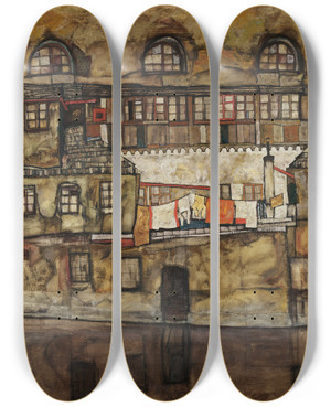 Triptych art skateboard deck of Egon Schiele House Wall On The River by Egon Schiele (1890-1918)
