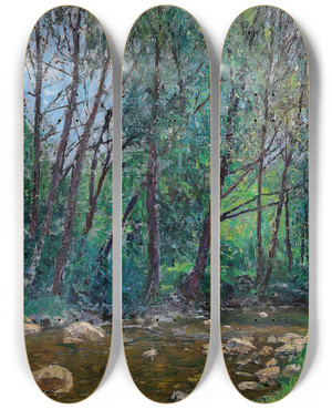 Triptych art skateboard deck of Alfred Zoff Flusslandschaft by Alfred Zoff (1852-1927)