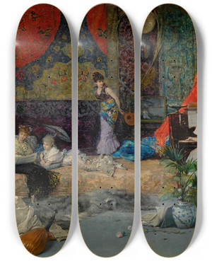 Triptych art skateboard deck of Vicente Palmaroli Y Gonzlez In The Studio by Vicente Palmaroli Y Gonzalez (1834-1896)