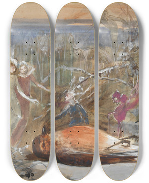 Triptych art skateboard deck of John Anster Fitzgerald Who Killed Cock Robin A Study by John Anster Fitzgerald (1819-1906)