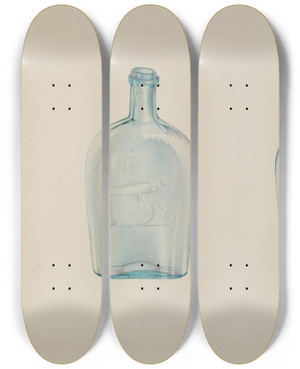Triptych art skateboard deck of Loraine Makimson Whiskey Bottle by Loraine Makimson