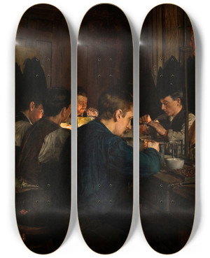 Triptych art skateboard deck of Charles Frederick Ulrich The Glass Blowers by Charles Frederick Ulrich (1858-1908)