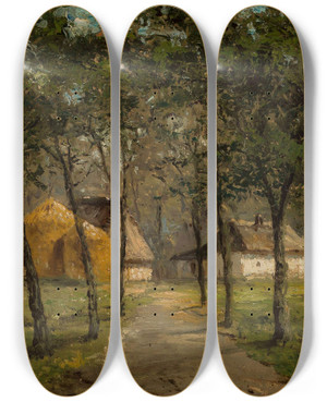 Triptych art skateboard deck of Jzef Marszewski Landscape With Houses Among Trees by Jozef Marszewski (1825-1883)