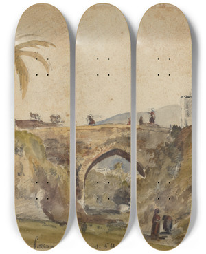 Triptych art skateboard deck of Camille Pissarro Bridge At Caracas by Camille Pissarro (1830-1903)