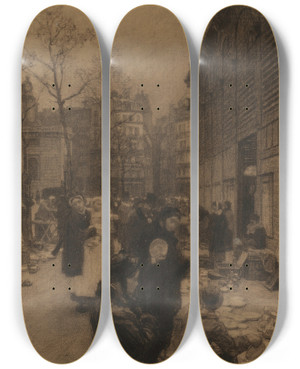 Triptych art skateboard deck of Lon Augustin Lhermitte Les Abords Des Halles by Lon Augustin Lhermitte (1844-1925)