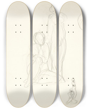 Triptych art skateboard deck of Svend Rathsack Studieblad Med Tre Udkast Til En Gruppe Med Stende Og Siddende Kvinde by Svend Rathsack (1885-1941)