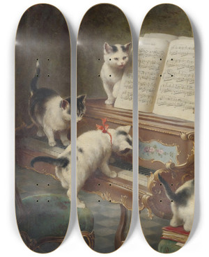 Triptych art skateboard deck of Carl Reichert The Kittens Recital by Carl Reichert (1836-1918)