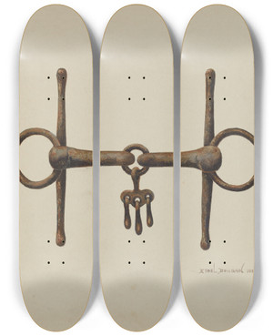 Triptych art skateboard deck of Ethel Dougan Snaffle Bit by Ethel Dougan