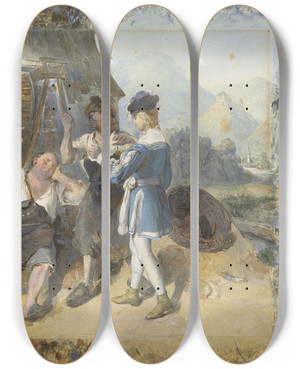Triptych art skateboard deck of Peter Fendi Fridolin And Two Workmen By The Forge by Peter Fendi (1796-1842)