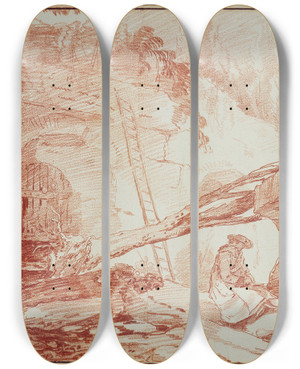 Triptych art skateboard deck of Hubert Robert Draughtsman In The Ruins Of The Palatine by Hubert Robert (1733-1808)