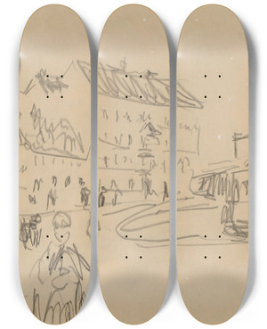 Triptych art skateboard deck of Ernst Ludwig Kirchner Strassenbahn In Dresden by Ernst Ludwig Kirchner (1880-1938)