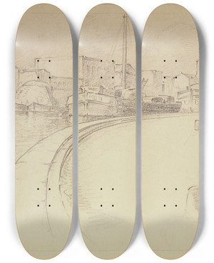 Triptych art skateboard deck of Ferdinand Boberg Le Quai Valmy by Ferdinand Boberg (1860-1946)