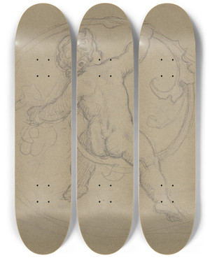 Triptych art skateboard deck of Moritz Von Schwind Putto Zwischen Ranken In Rckansicht by Moritz Von Schwind (1804-1871)