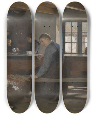 Triptych art skateboard deck of Hugo Salmson Visiting The Tenant by Hugo Salmson (1843-1894)