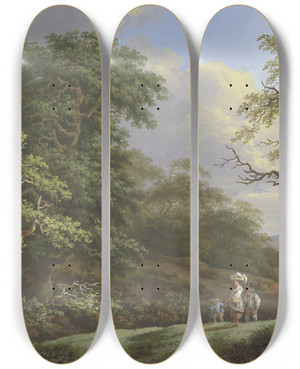 Triptych art skateboard deck of Johann Albrecht Friedrich Rauscher Eichenwald Im Vordergrund Eine Frau Mit Einem Korb Auf Dem Kopf Begleitet Von Einem Mann Und Einem Knaben by Johann Albrecht Friedrich Rauscher (1754-1808)