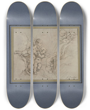 Triptych art skateboard deck of Franois Boucher Angel In Clouds by Francois Boucher (1703-1770)