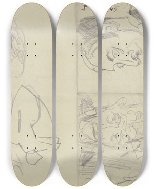 Triptych art skateboard deck of Max Beckmann Frauenkopf Ein Geiger Zwei Bassisten Drei Verschiedene Skizzen Auf Einem Durch Faltung In Vier Felder Unterteilten Papierbogen by Max Beckmann (1884-1950)